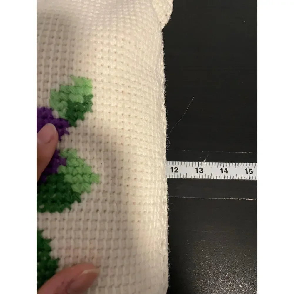 Handmade Needlepoint Pillow Floral Decorative 14x14 White Vintage Cottagecore